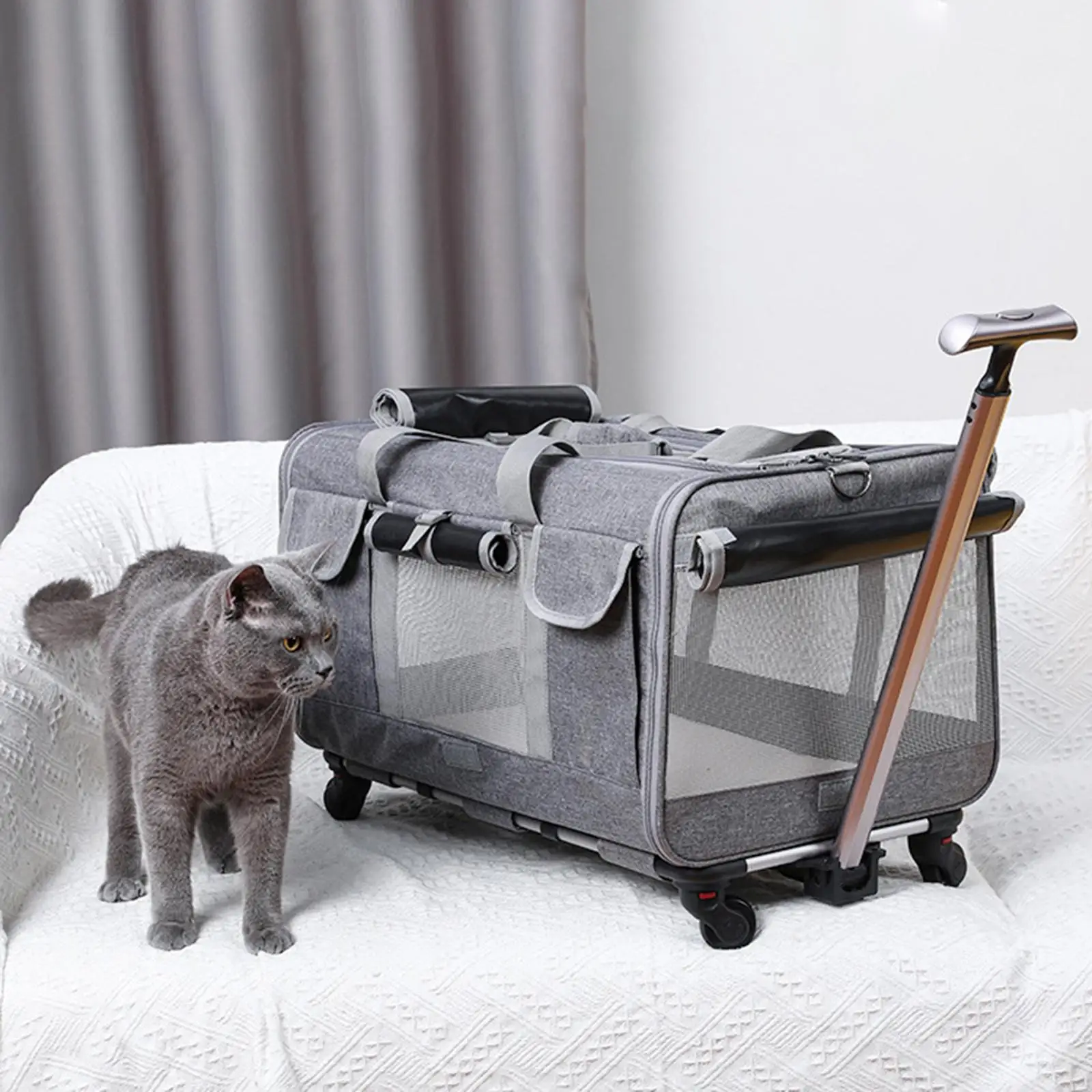 Dog Cats Trolley Case Cats Dogs Carrier with Detachable Wheels Freely Breathe with Pad Carrying Bag for Kitten Hiking Ventilated