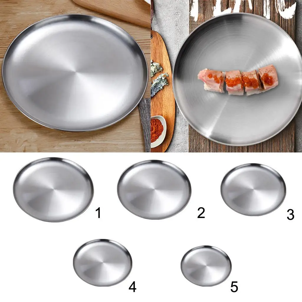 Stainless Steel Flat Dinner Plate Dish Plate Double Insulated Thick Platter Salad Plate for BBQ 14cm