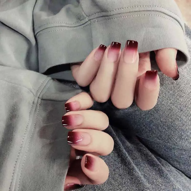 Juego de 24 unids/set de uñas postizas de dedo completo, puntas de uñas  acrílicas de Color rojo vino degradado con pegamento para mujer SANA889| |  - AliExpress