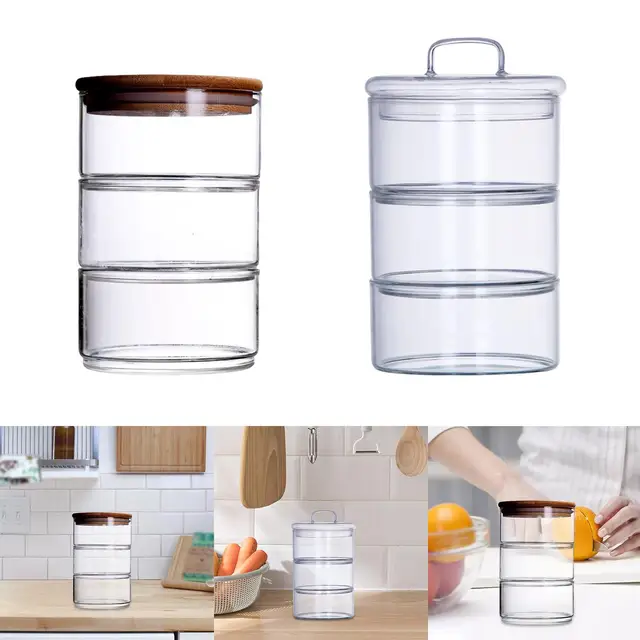 Glass Kitchenware 3-tier Stackable Glass Storage Jars Salad Container  Kitchen Gadget Tool with Black Lid - AliExpress