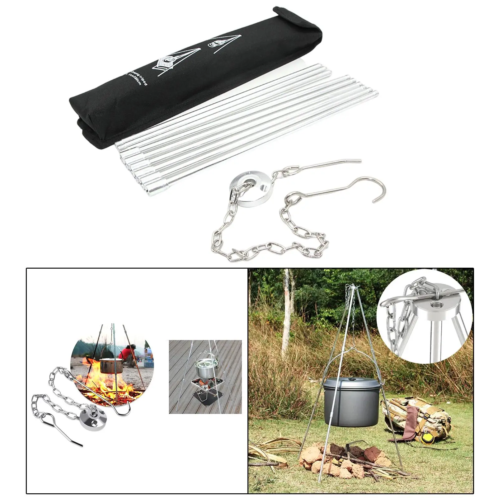 Portable Camping Tripod with Storage Bag Adjustable Cooking Pot Grill for BBQ