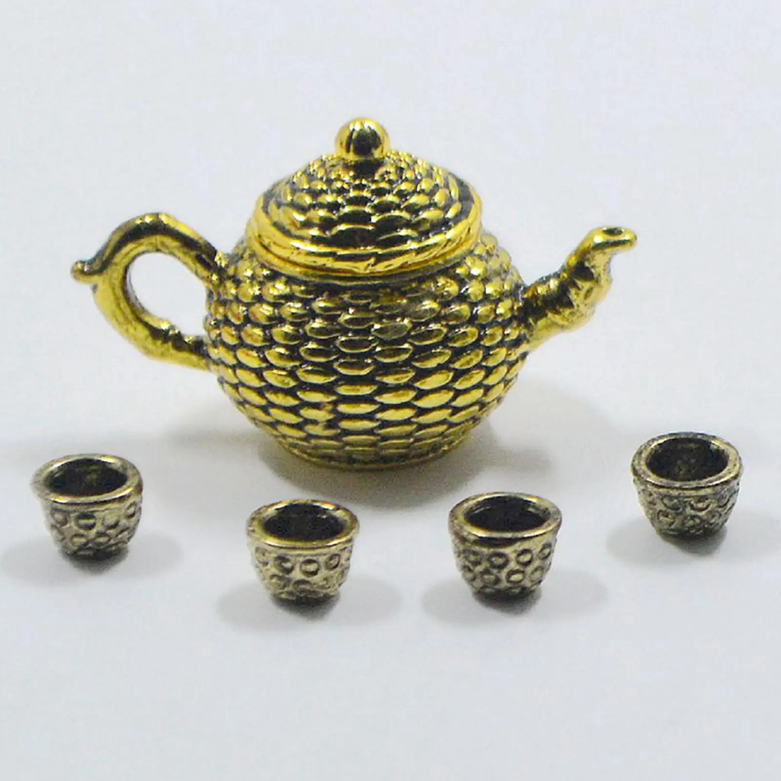 Set of 6 Pieces Dollhouse Teapot Set Metal Kettle Tableware Tiny Kitchen Decor 1:12 with 5 Tea Cup Gift Retro Teapot Cup for Tea