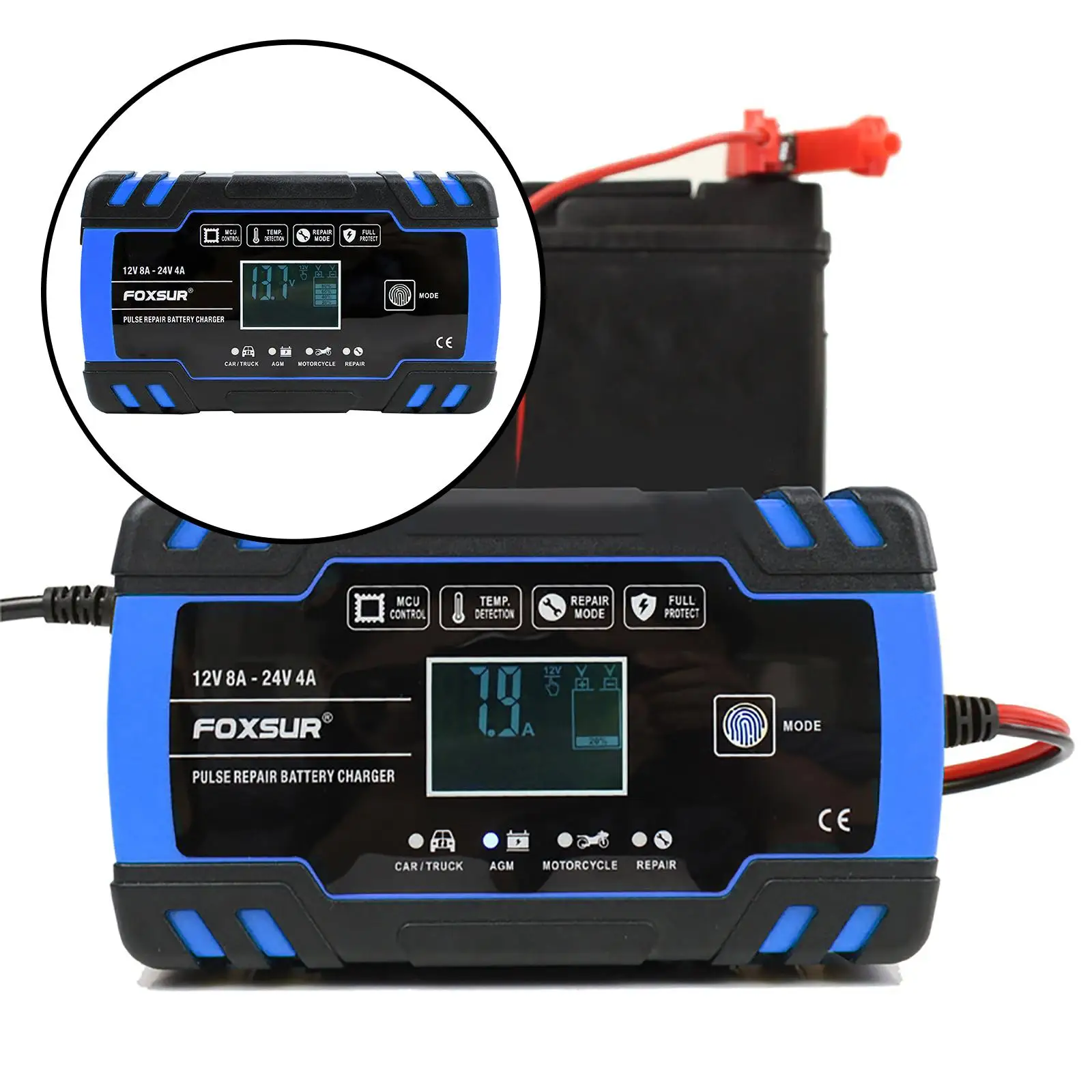 Smart Car Batteries Charger 12V/8A 24V/4A with LCD Display 3-Stage Maintainer