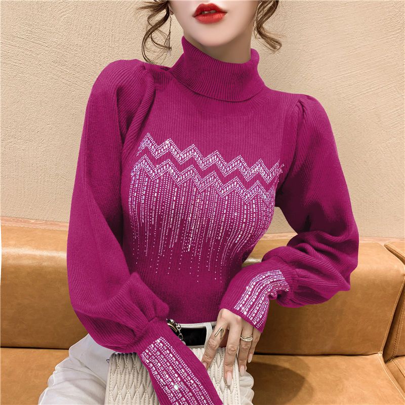 cor sólida diamantes gola alta magro blusas outono inverno coreano feminino comute moda lanterna manga grossa malha jumpers