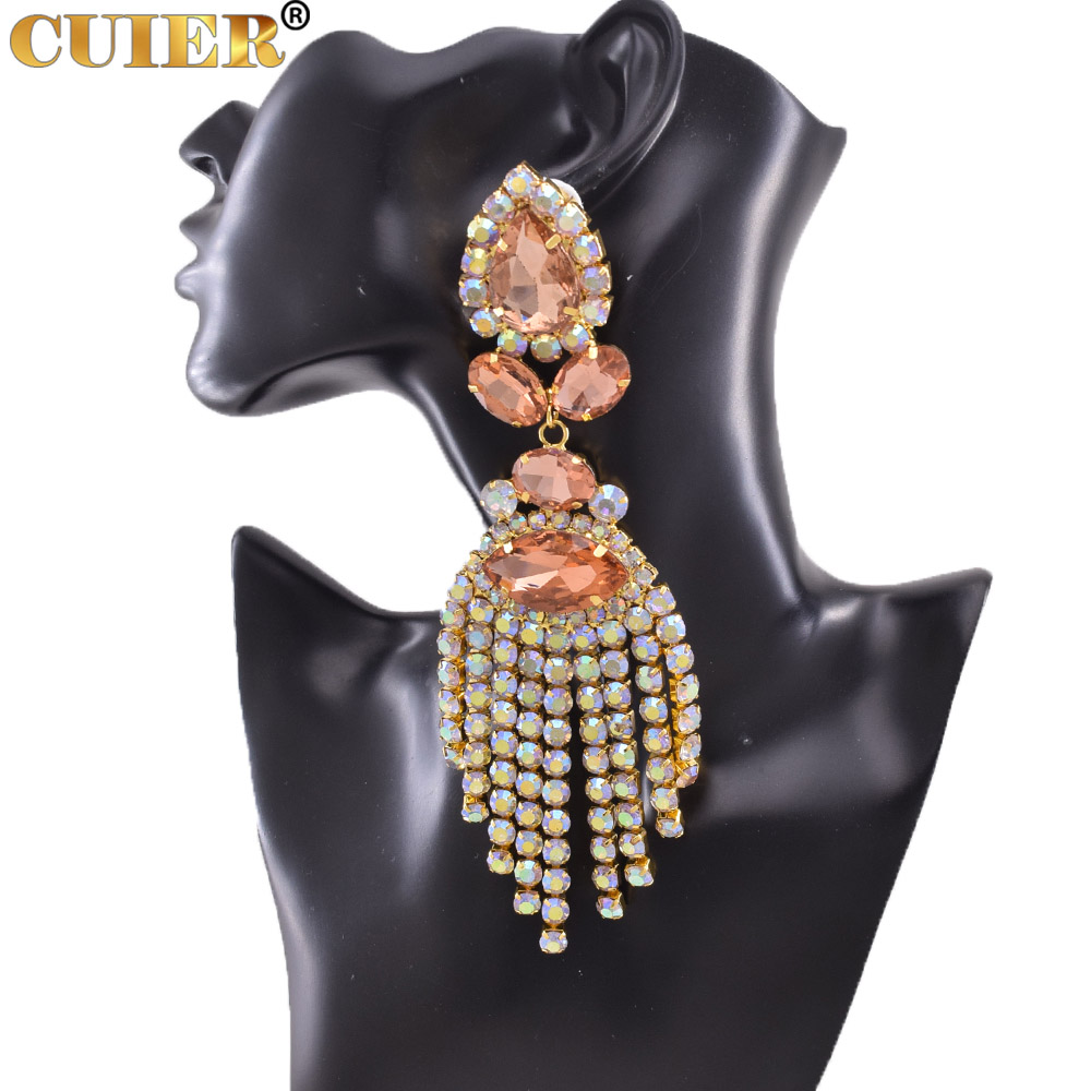 Strass SS28 Dazzling17CM Lange Quaste Clip auf Ohrring für Frauen Schmuck Kristall AB Große Größe Zubehör für Drag Queen – Detail 5