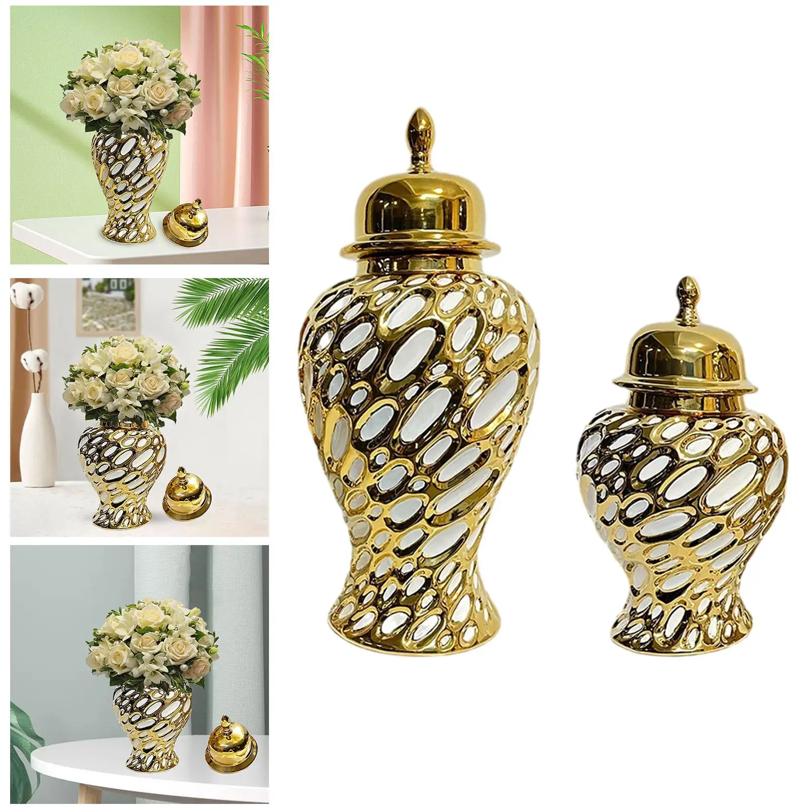 Porcelain Ginger Jar Handicraft with Lid Ceramic Flower Vase Storage Jar for Living Room Office Party Bedroom Home Decoration