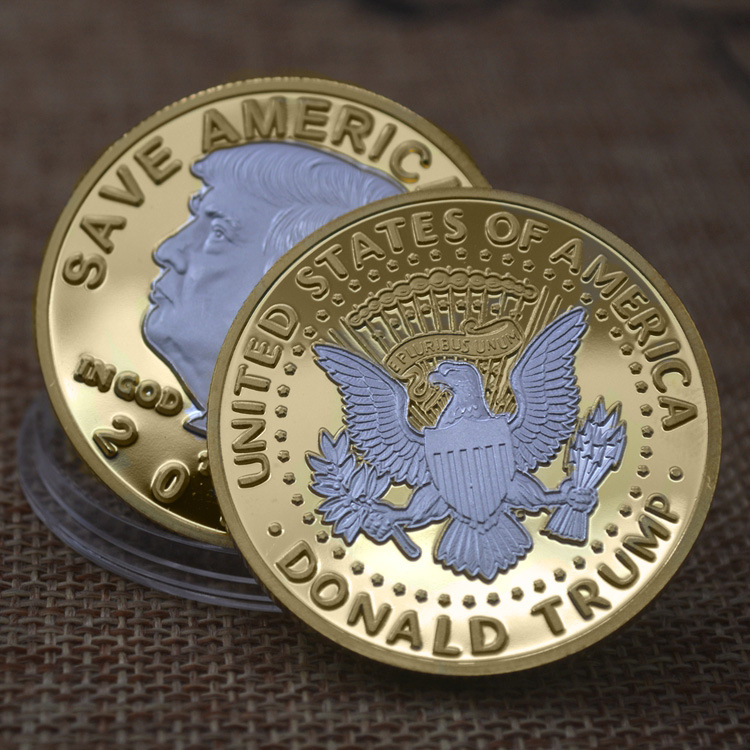 Commemorative 'donald trump coins' presenting both sides, with the front's presidential portrait and the back's emblem of freedom, in a gold and silver finish.