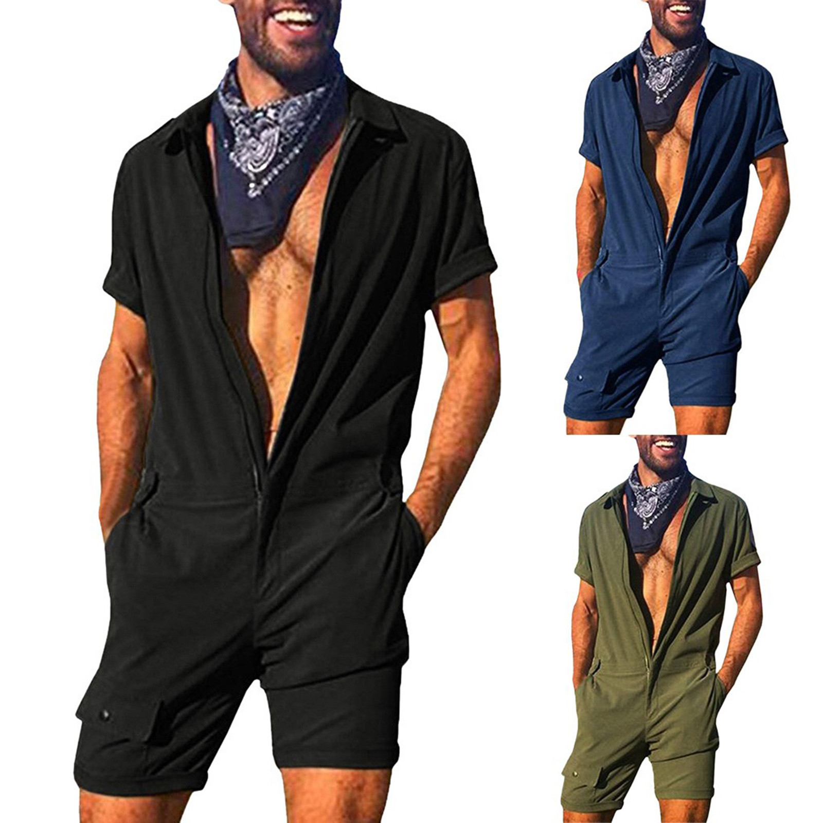 Description Picture 2 of itemLarge Fashion Clothes Pocket Button Home Men's Solid Size Zipper Jumpsuit Men Suits Sets