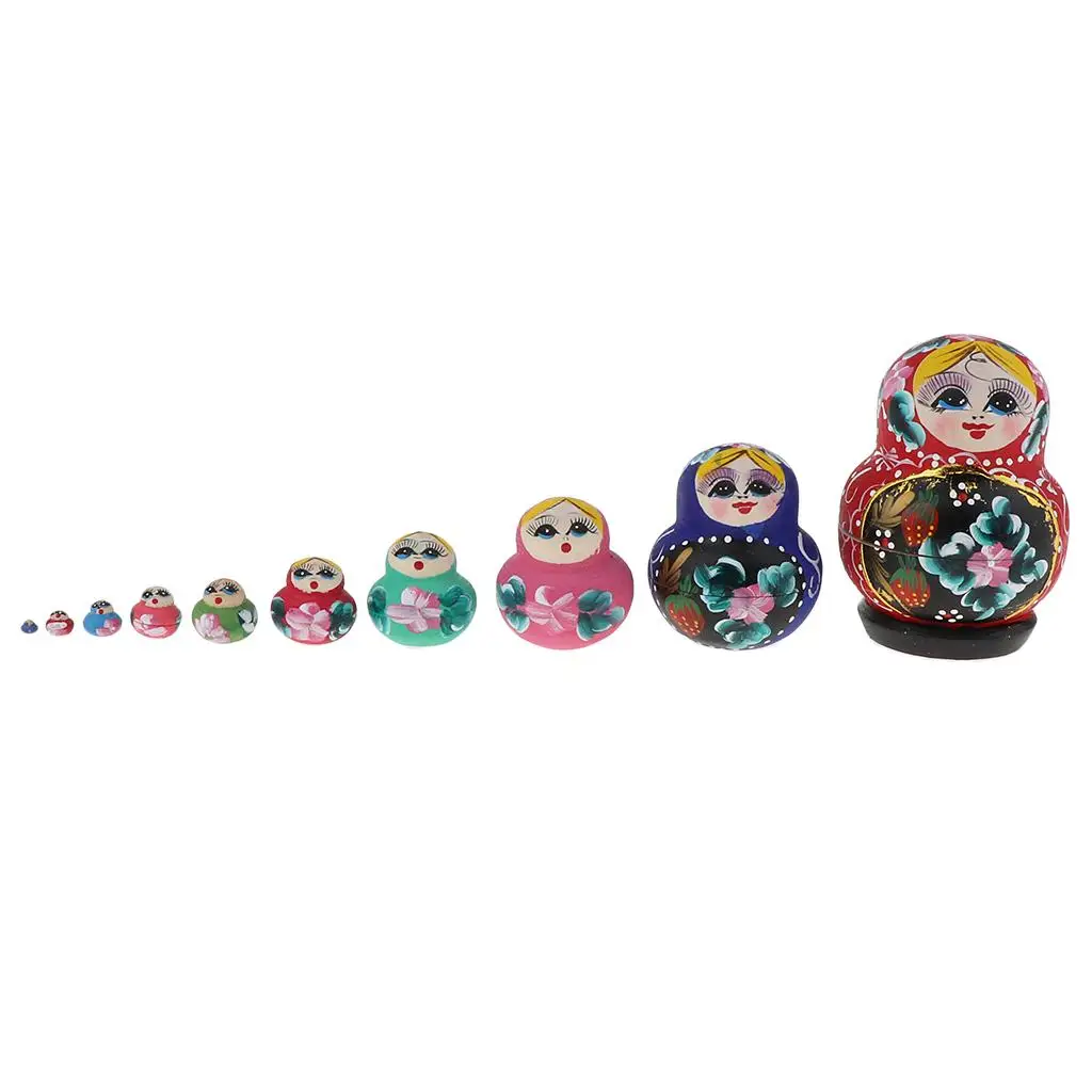 10 Pieces Hand Painted Flower Girl Russian Nesting Doll Wooden  Matryoshka Stacking  Office Decor