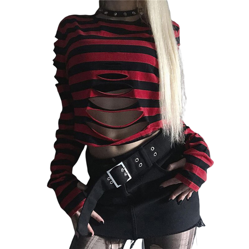 Camiseta Cyber Punk Y2K de los años 2000 para mujer, de manga larga, cuello redondo a rayas y agujero, ropa gótica, camisetas E-girl, ropa urbana