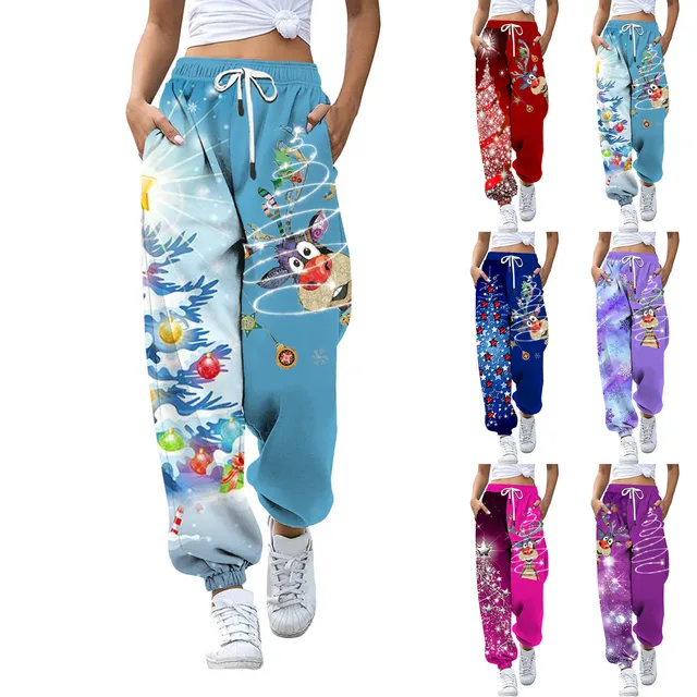 Calças para mulher mais tamanho com bolsos solto ajuste elástico cordão  joggers borboleta impressão baggy calças moletom ropa mujer - AliExpress