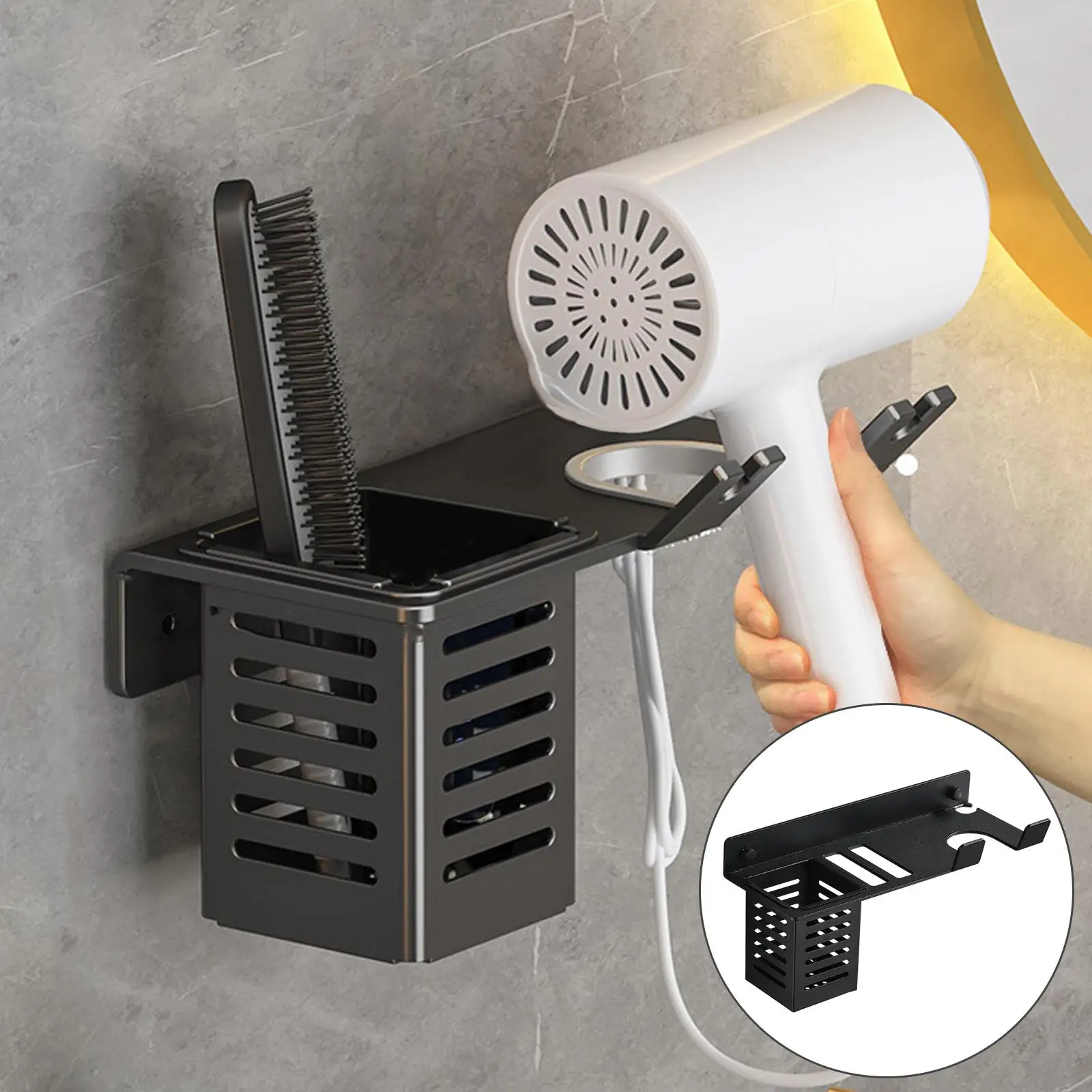 Hair Dryer Holder Wall Mounted Multifunctional Bathroom Shelf Storage for Curling Irons Makeup Brushes Hair Dryers Combs Bedroom