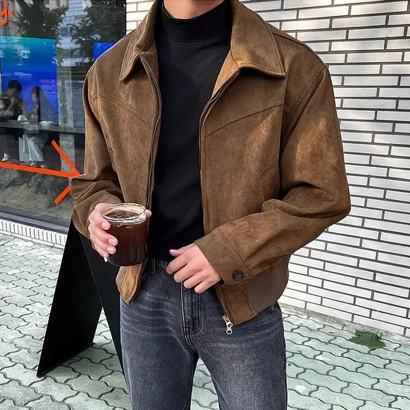 Men Solid Brown Zip Vintage Jacket