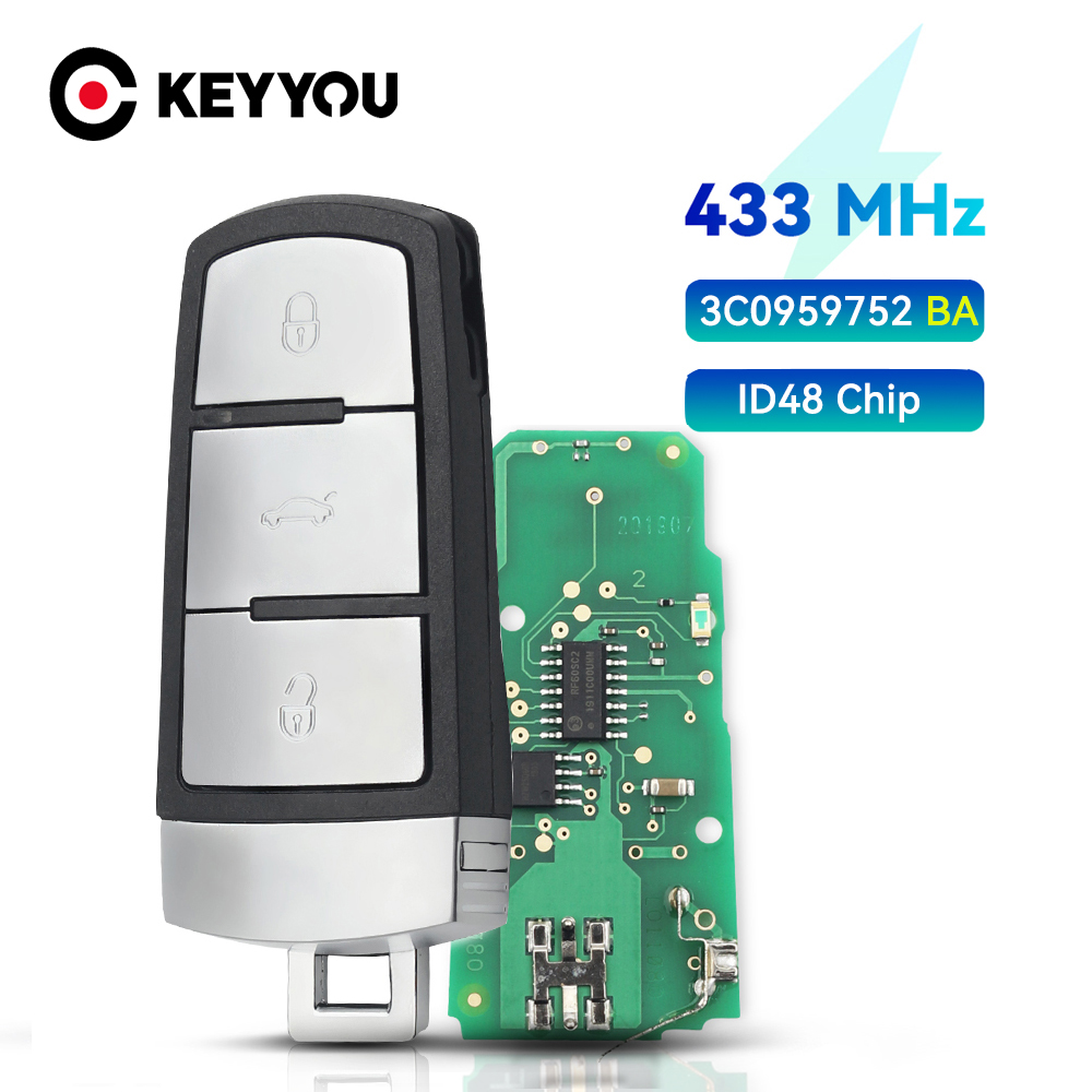 KEYYOU 3C0959752BA Fernbedienung Auto Schlüssel 434/433 Mhz ID48 Chip für VW für Volkswagen Passat B6 3C B7 Magotan CC 3 Tasten – Detail 1