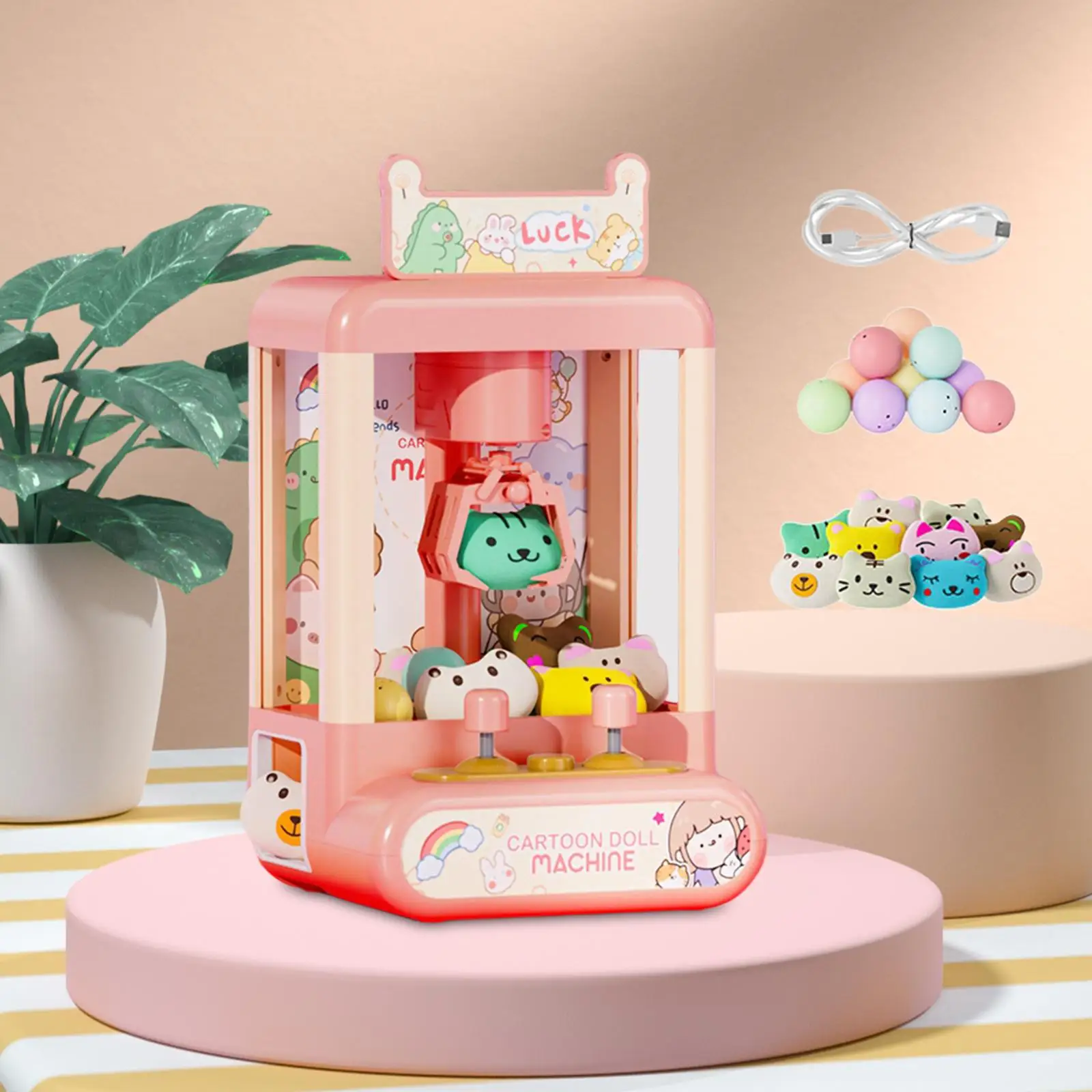 Claw Machine with 10 Plush Dolls 10 Capsules with Music & Light Candy Capsule Claw Game for Girls Boys Kids Children Gift Party