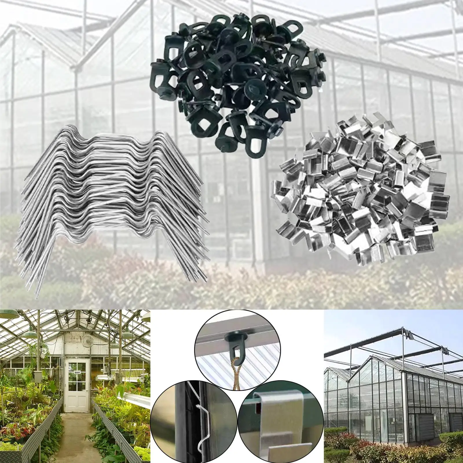 100x Greenhouse Glazing W Wire Clips with 100 Z Clips Anti Rust Steel Fixing Clips, Greenhouse Brackets, Window Clips