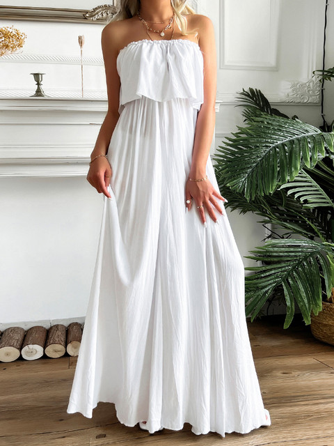 2023 New Cotton Women's Summer White Long Dress Elegant Casual Strapless  Ruffle Dresses Sleeveless A-line Midi Dress for Women