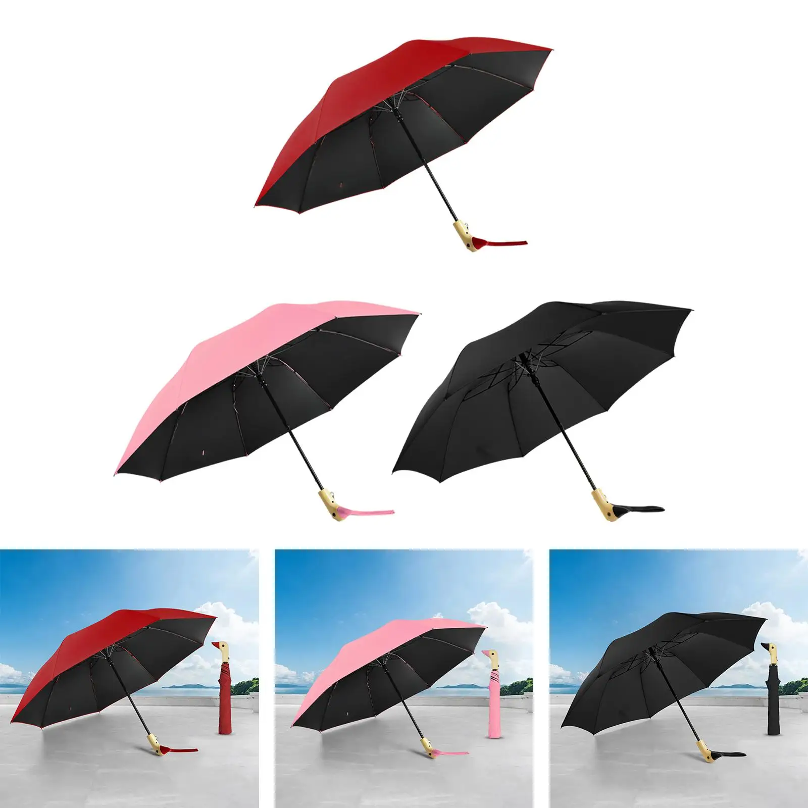 Two Fold Automatic Duck Umbrella Multifunction Durable Wooden Handle Umbrella for Climbing Travel Backpacking Walking Outdoor