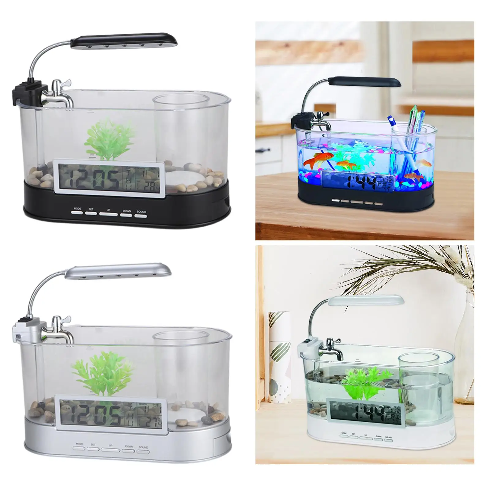 Fish Tank with Leach Accessories Mini Landscape Transparent Pump LCD Lamp Decoration for Goldfish Small Fish Turtle Office