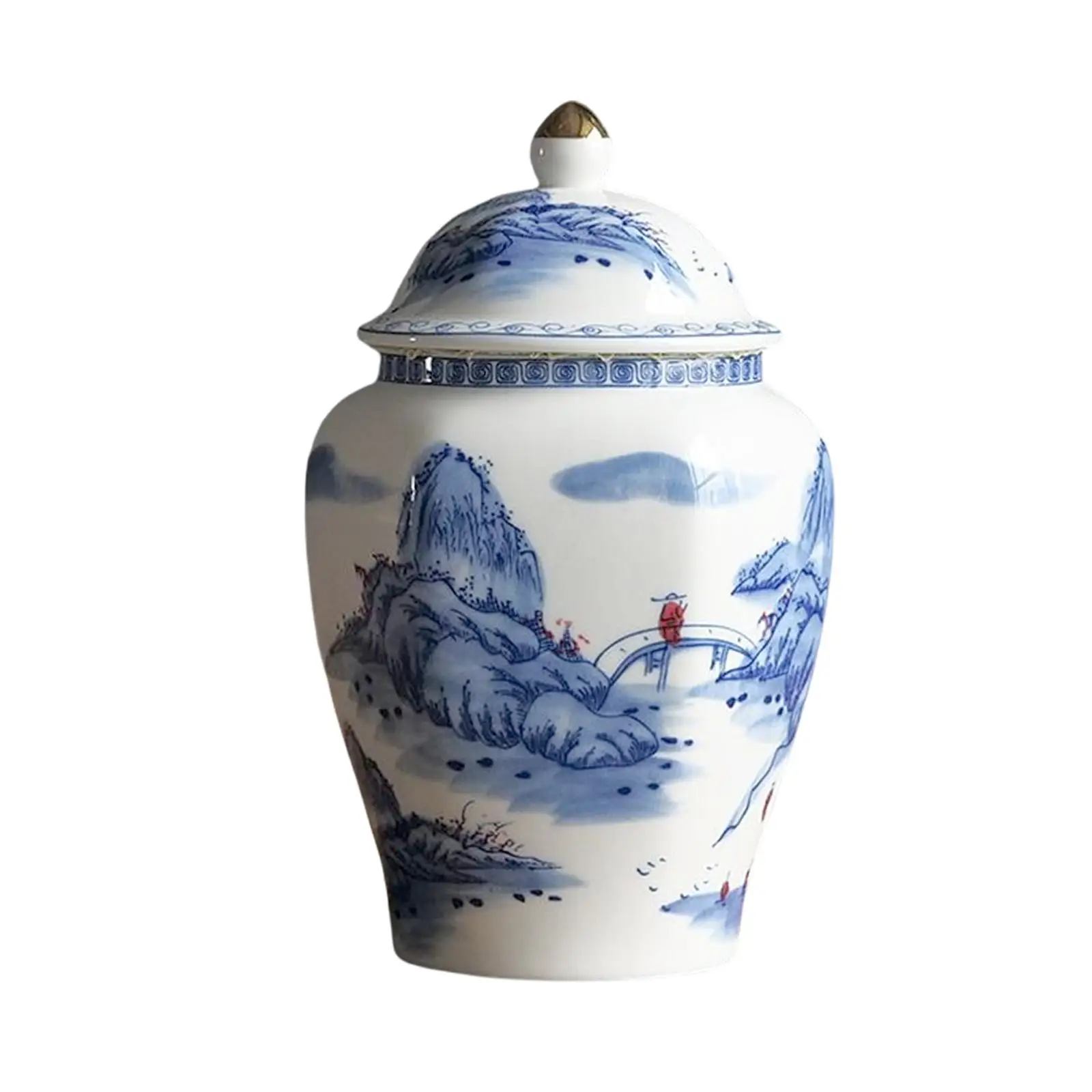 Ceramic Tea Jar with Lid Blue White Porcelain Gift for Desktop Home Decor