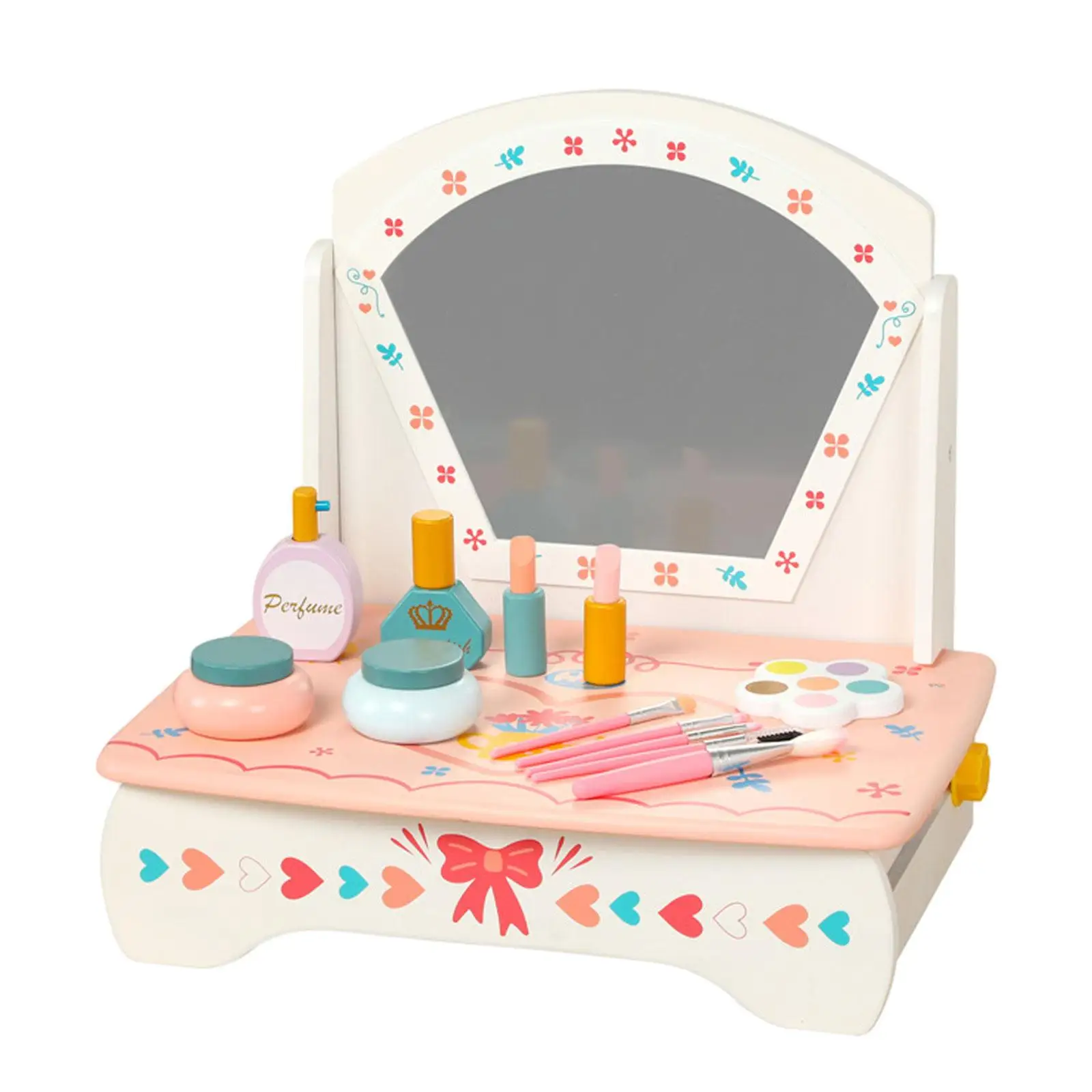Wooden Vanity Table Toy with Accessories Wooden Princess Vanity Table Girls Playset Makeup Kits for Age 3 4 5 6 Children Kids