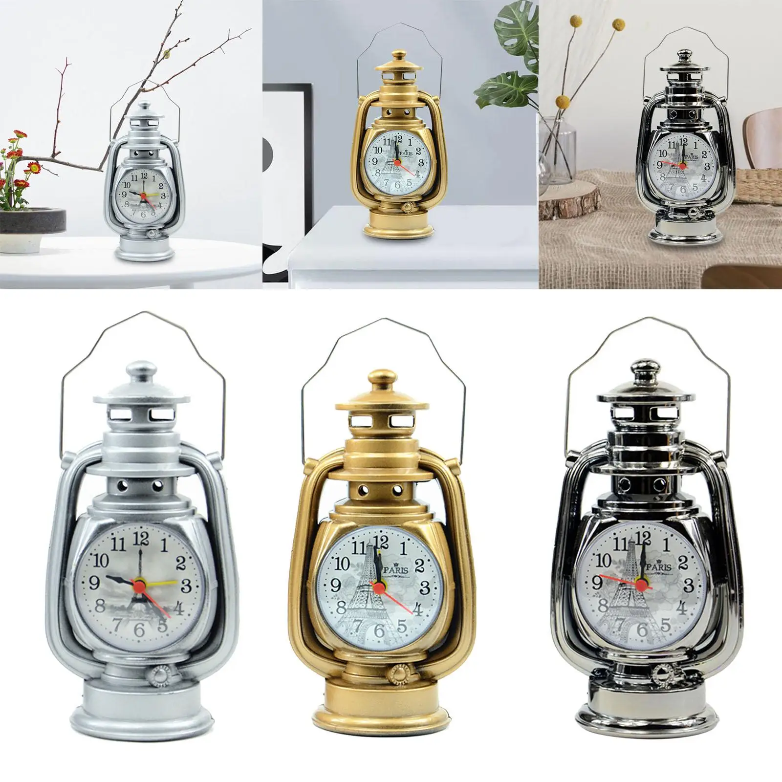 Oil Lamp Alarm Clock Classical Kerosene Light Gift Table Clock for Living Room Shelf