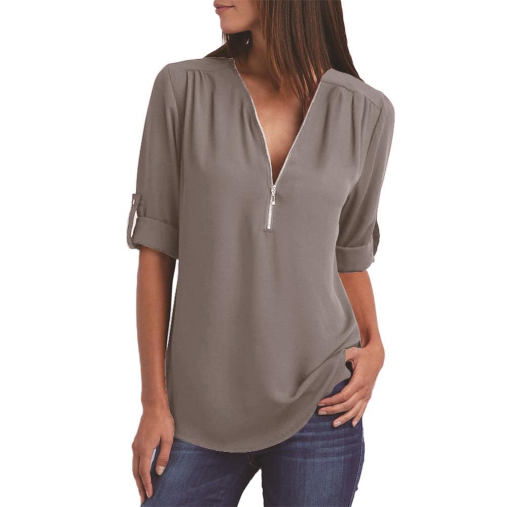 Title 21, Casual Office Lady Blouses Sexy Solid Color Zip...