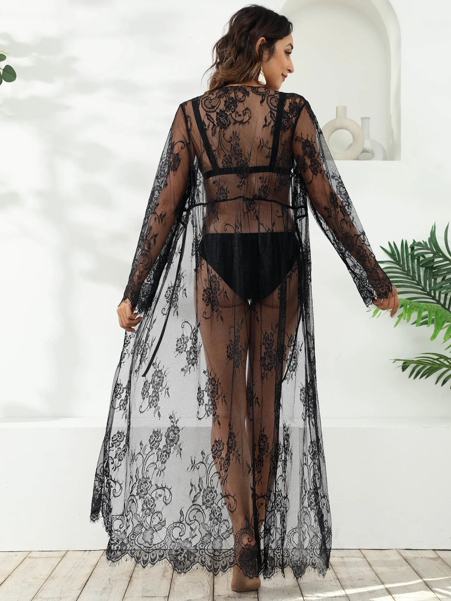 Women Open Front Cover-ups Beachwear Long Sleeve Embroidery Lace See Through Long Kimono Cardigan bathing suits and cover ups