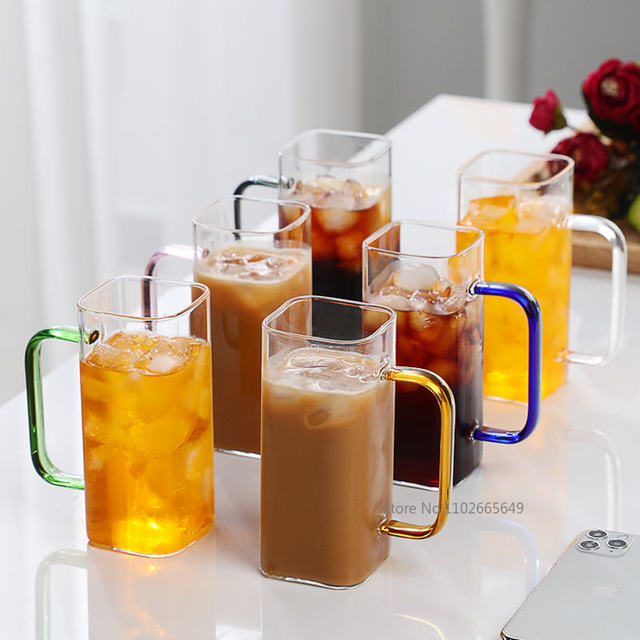 350/600ML Heat Resistant Square Glass with Lids and Straws Iced Coffee Milk  Bubble Tea Water Layer Drinking Glass Cups for Soda