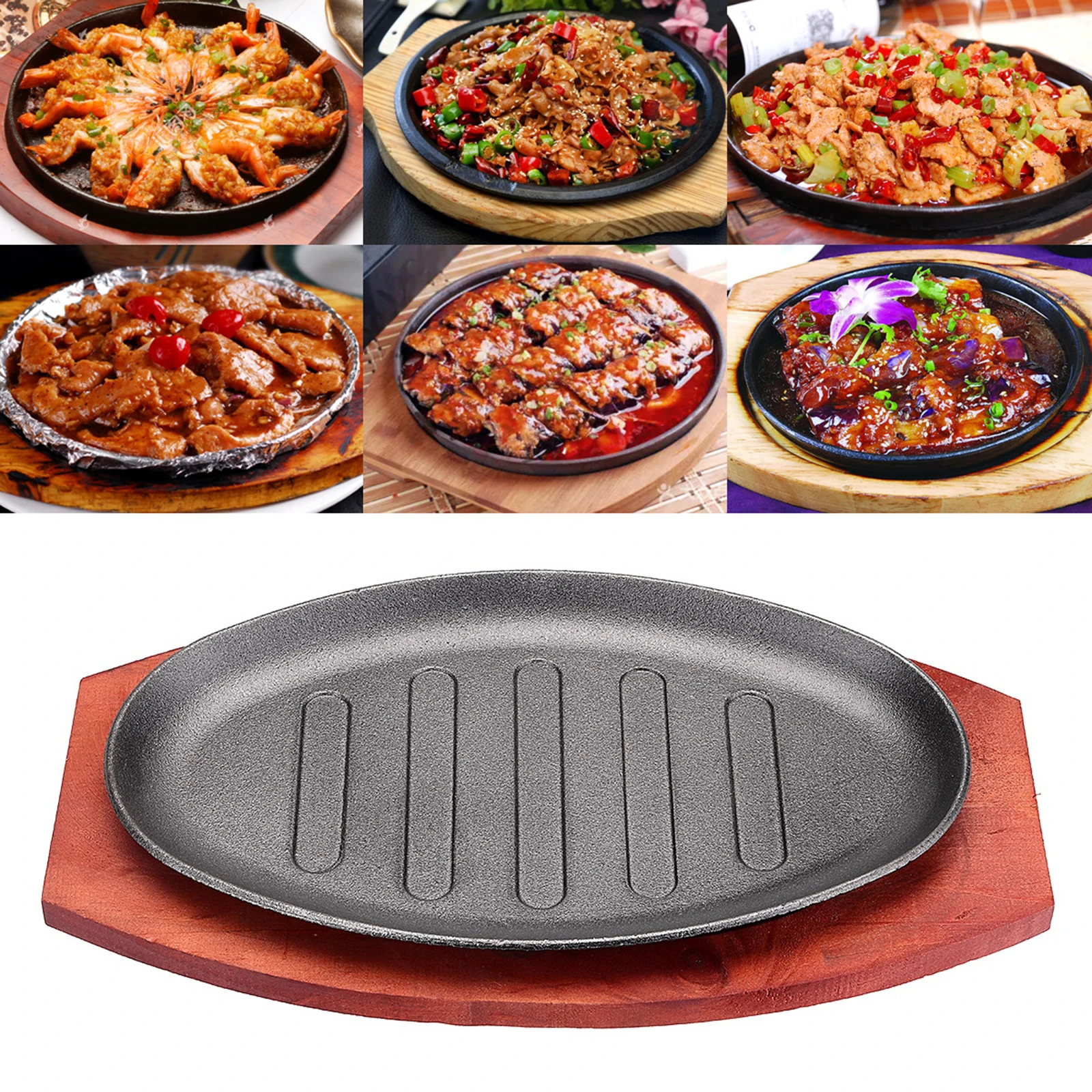 Cast Iron Steak Plate Sizzle Griddle w/ Wooden Base Handle Steak Pan