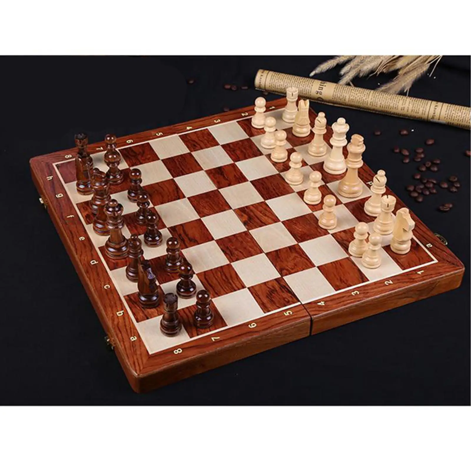 Professional 39x39cm Wooden Carved Chess Set Board And 32+2 Pieces Chessmen