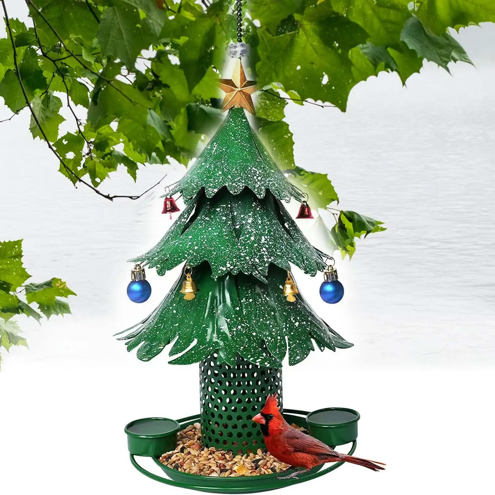 Iron Hanging Bird Feeder Dish Rainproof Feeding Christmas Tree Feeder for Garden Decor