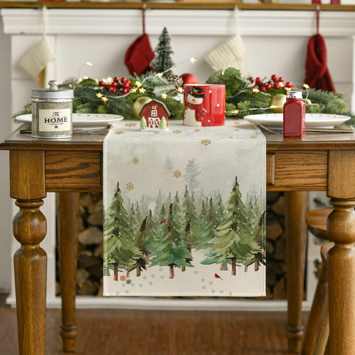 Description Picture 6 of itemChristmas Tree Cardinals and Snowflake Print Linen Table Runner, Kitchen Table Decorations, Washable Home Party Accessories