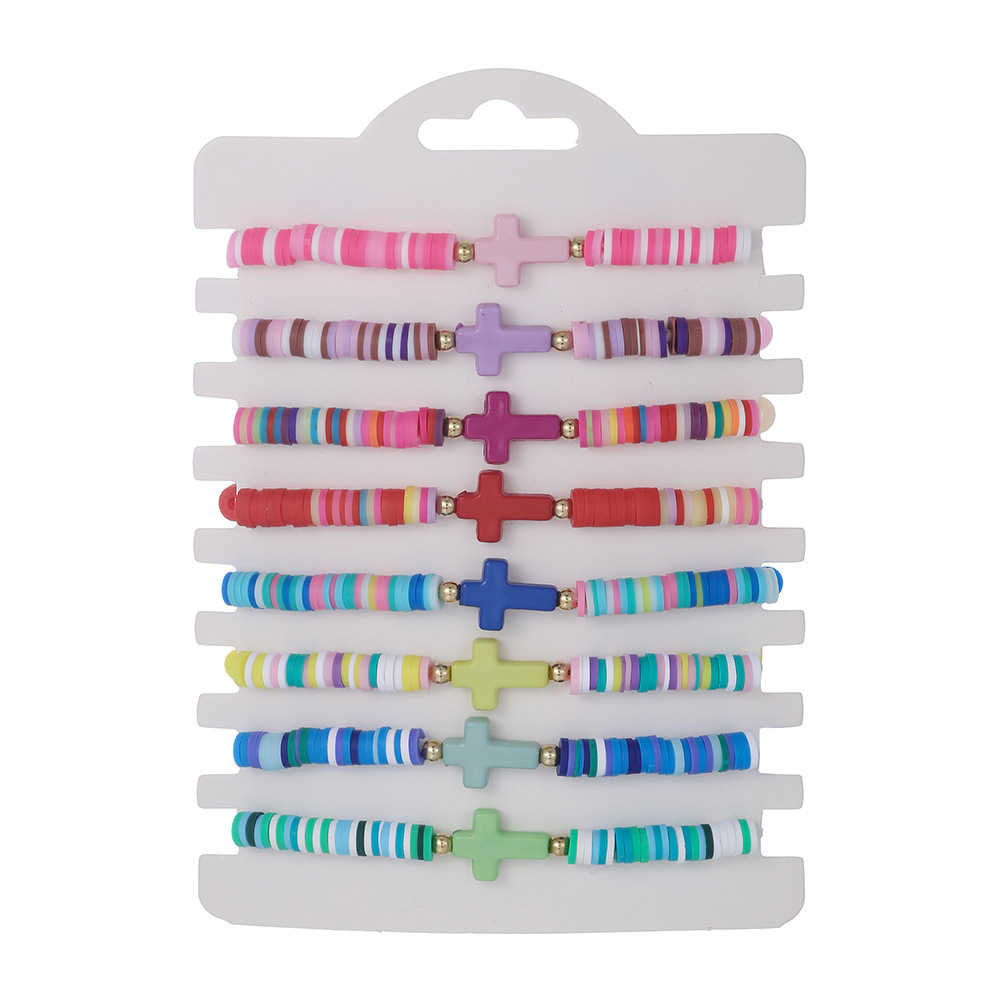 8-teiliges böhmisches buntes Polymer-Kreuz-Armband im neuen Strand-Stil, Stretch-Armband-Set für Frauen und Mädchen – Detail 5
