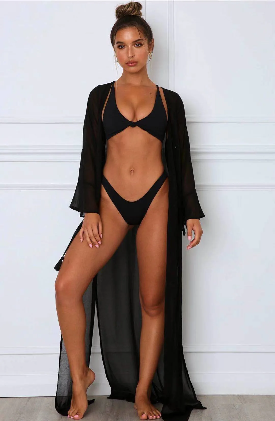 bathing suits with matching cover ups Women Summer Bikini Cover Up, Sheer Long Sleeve Deep V-Neck Loose Button Closure Drawstring Long Cardigan Long Dress swim skirt cover up no brief