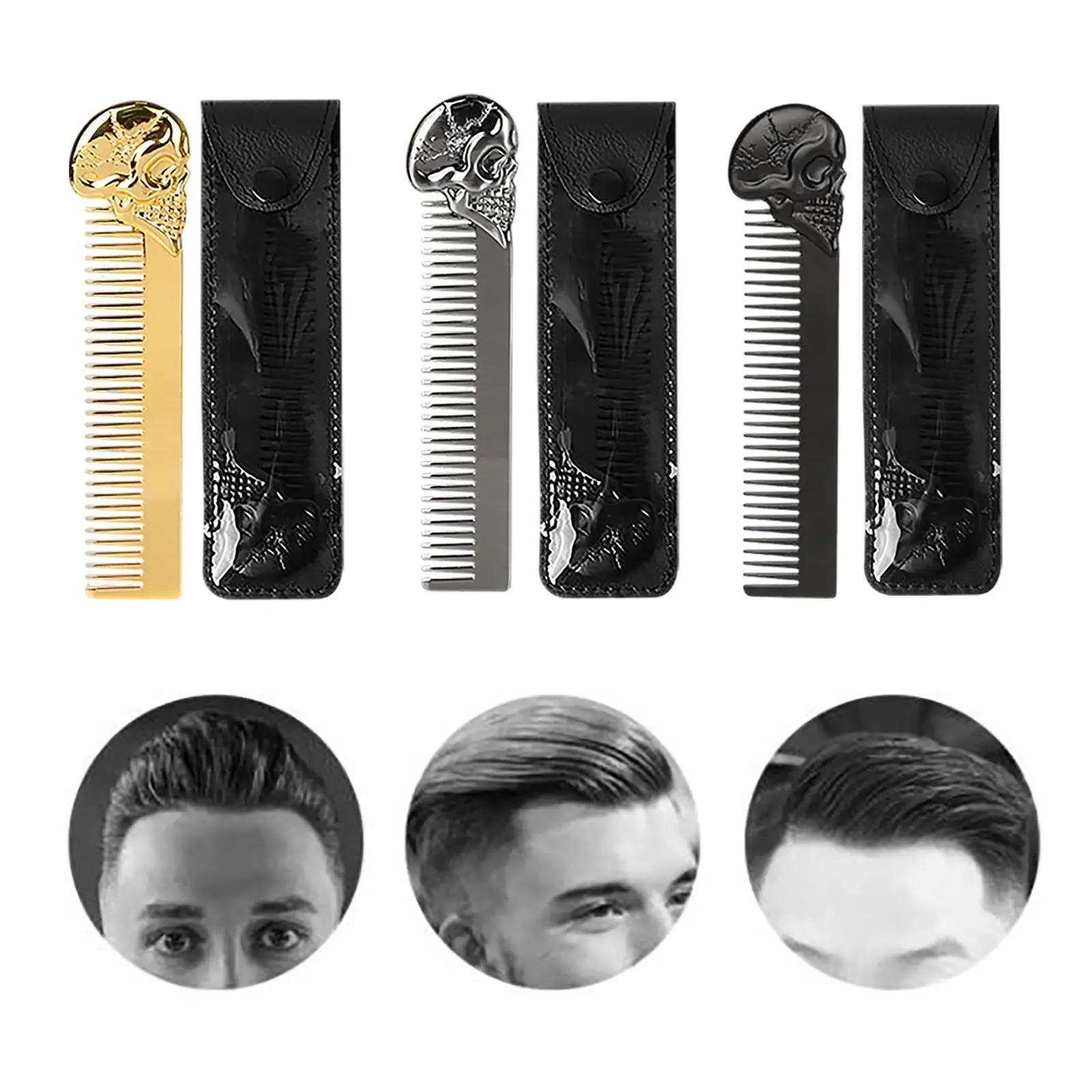 Men Beard Comb Fine Teeth Skull Design Beard Shaping Template Metal Hair Cutting Comb Hair Pocket Comb Hair Barber Hair Styling