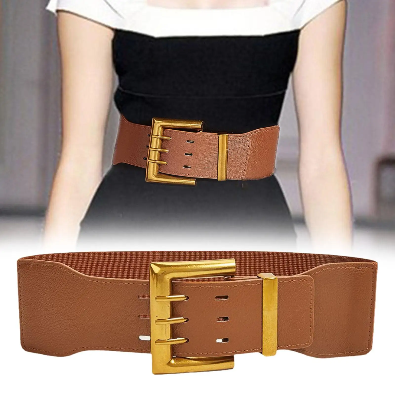 Women`s Wide Elastic Belt Decor Cinch Belt Decorative Belt Girdle Solid Color PU Leather Waistband for Lady Clothing Accessories