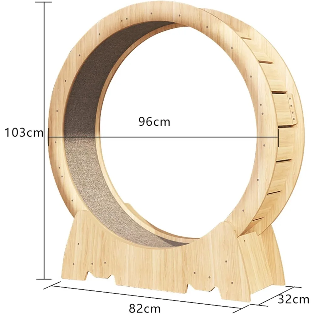 The dimensions of a wooden feline friend and cat running wheel scratcher.