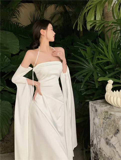 2022 New Elegant Summer Neck-mounted White Satin Dress Women Sexy