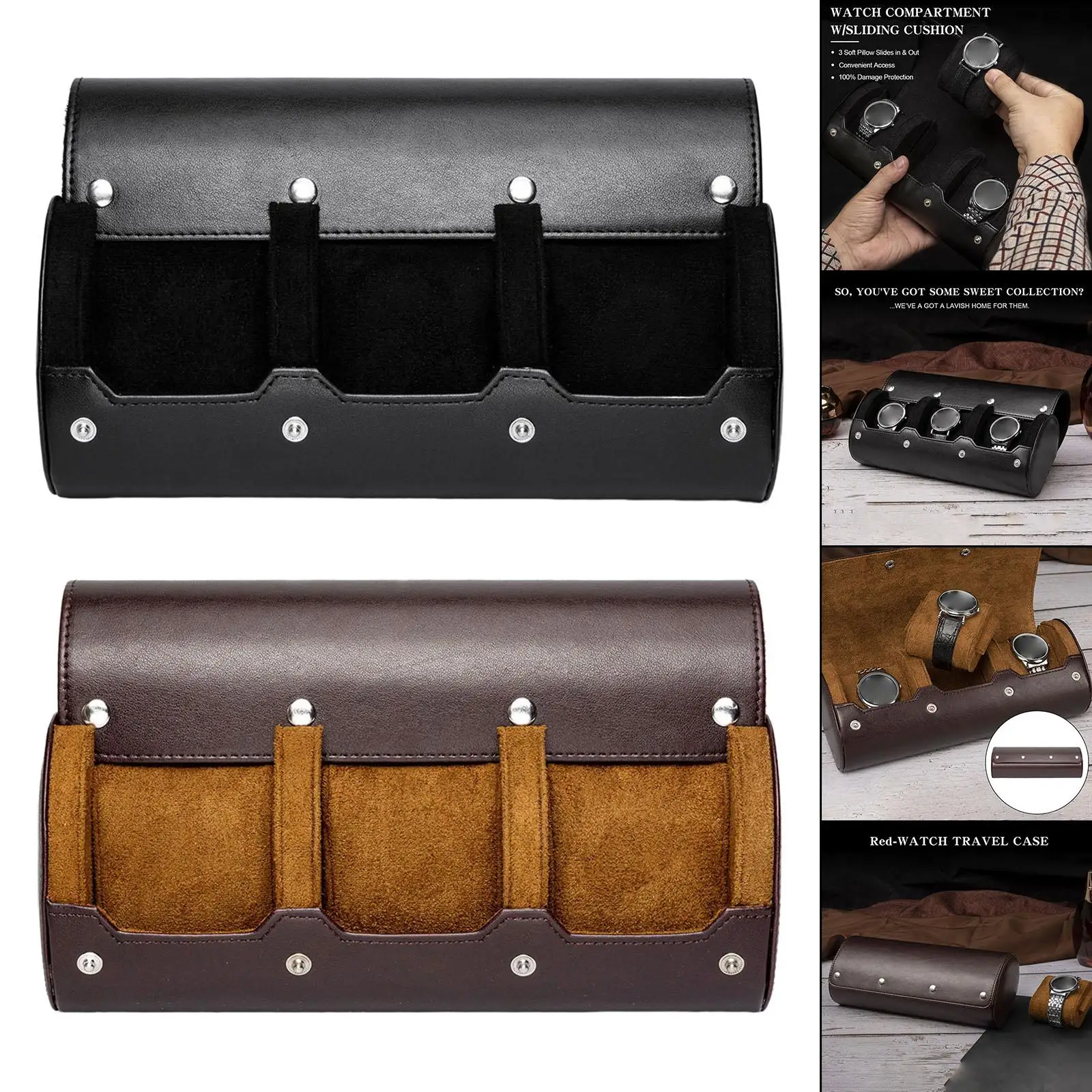 3 Slots  for  Wristwatch Holder Jewelry Bracelet  Display Leather  Storage Case