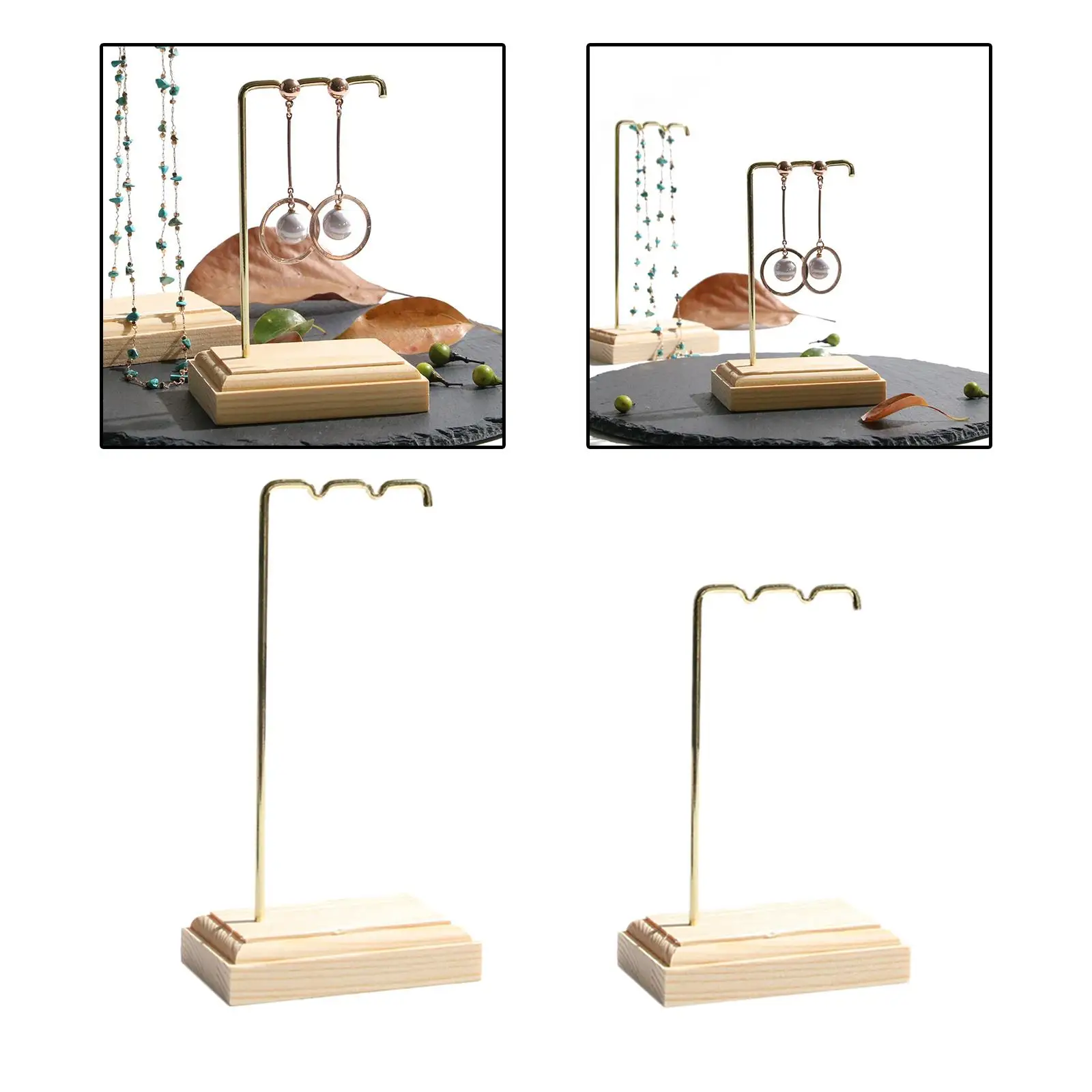 Jewelry Display Stand Necklaces Pendant Hanging Rack, Space Saving Golden Metal and Wood Base
