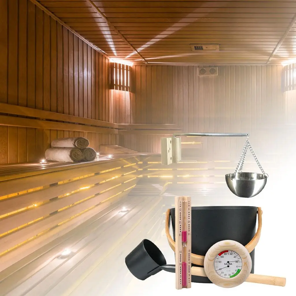 Sauna Bucket Wooden and Metal, Matching Set Hanging Oil Cup