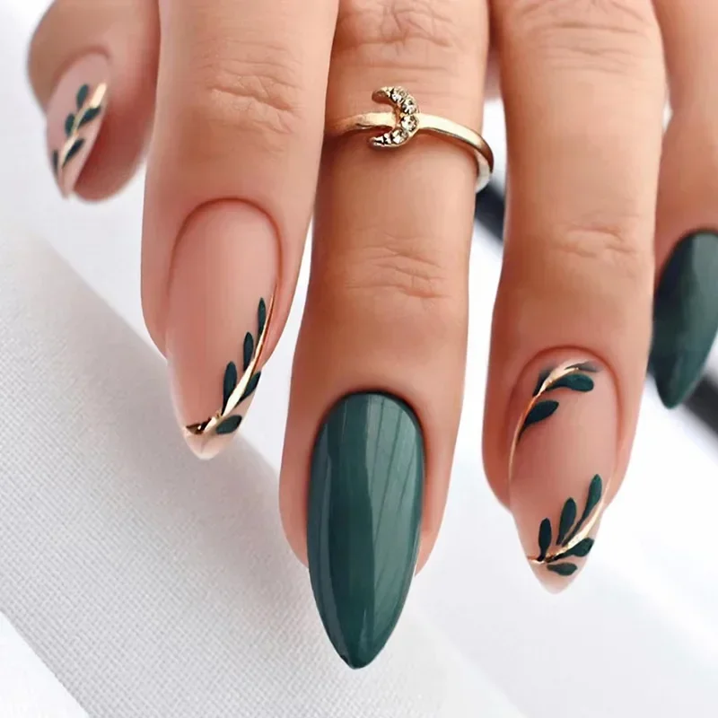 Best of 24Pcs Simple Almond Fake Nails With Green Leaves Design Elliptic Acrylic False Nails Wearable French Press On Nail Manicure Tips Reviews & Tips