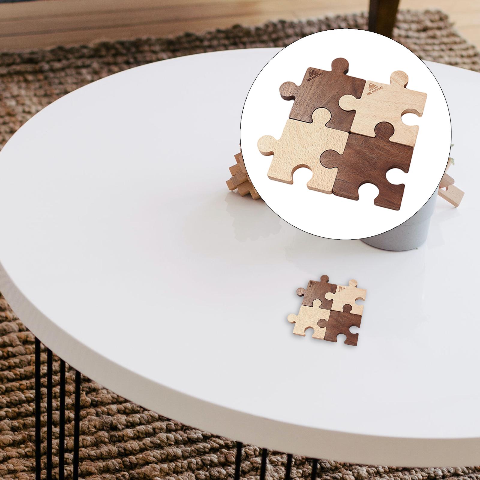 4Pcs Wooden Coasters Jigsaw Puzzle Design Walnut Wood Beech Wood Durable Reusable Drinkware Tea Cup Pad for Office Dining Room