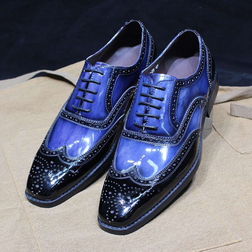 Luxuriöse Herren-Oxfords aus blauem Lackleder mit Brogue-Flügelspitze, zum Schnüren, formelle Schuhe für Büro, Hochzeit, Party – Detail 7