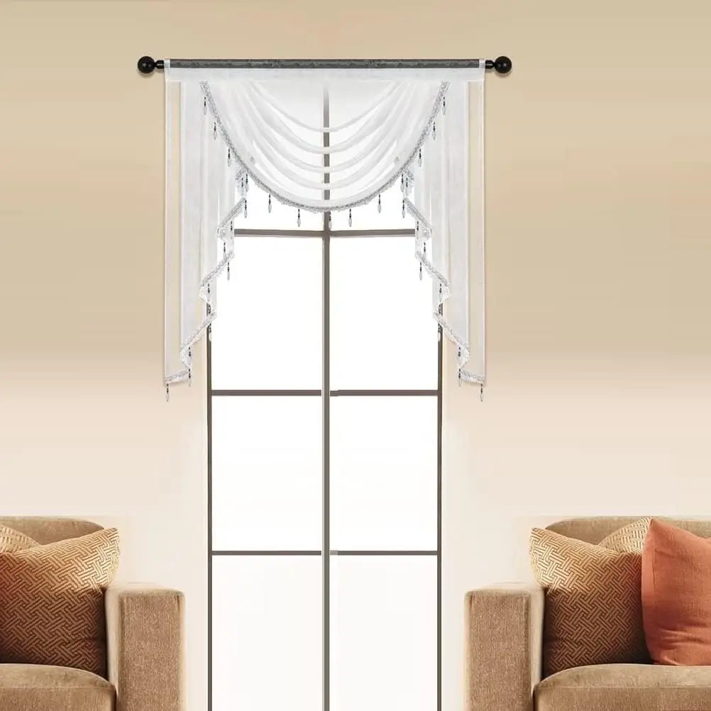 Description Picture 6 of item1pc European White Sheer Valance Waterfall Tassels Swag Curtain for Living Room Luxury Window Treatment for Bedroom Toppers