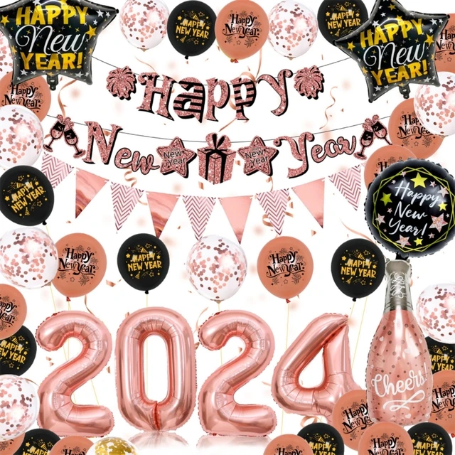 Décorations de Nouvel An 2024 à 120 ballons noirs, blancs et dorés