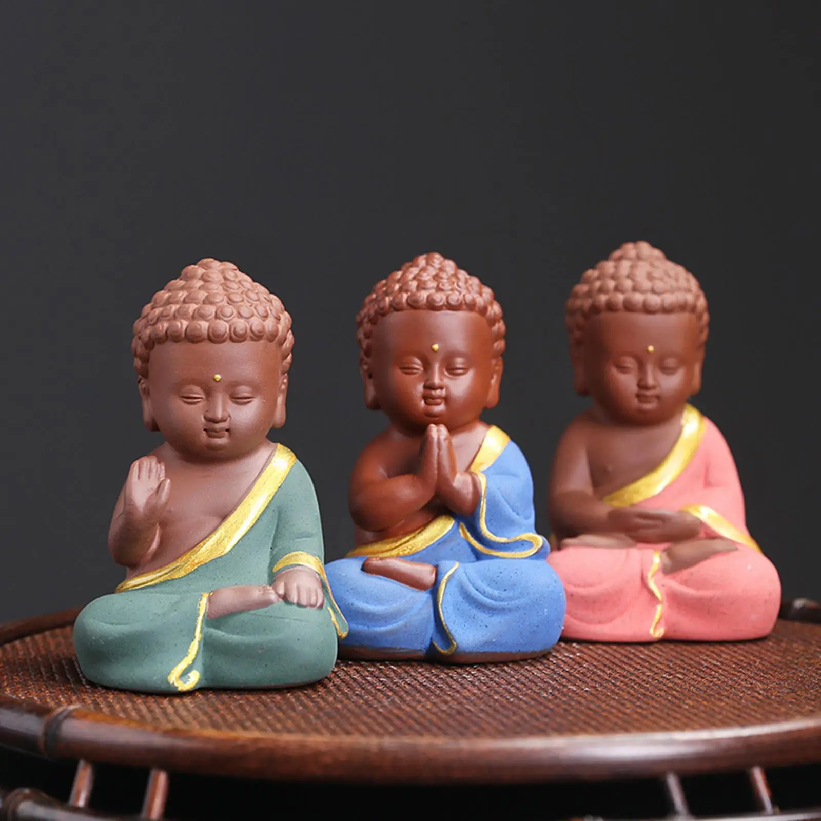 Cute Sitting Buddha Statue Hand Carved Miniature Statue for Desktop Tea Room