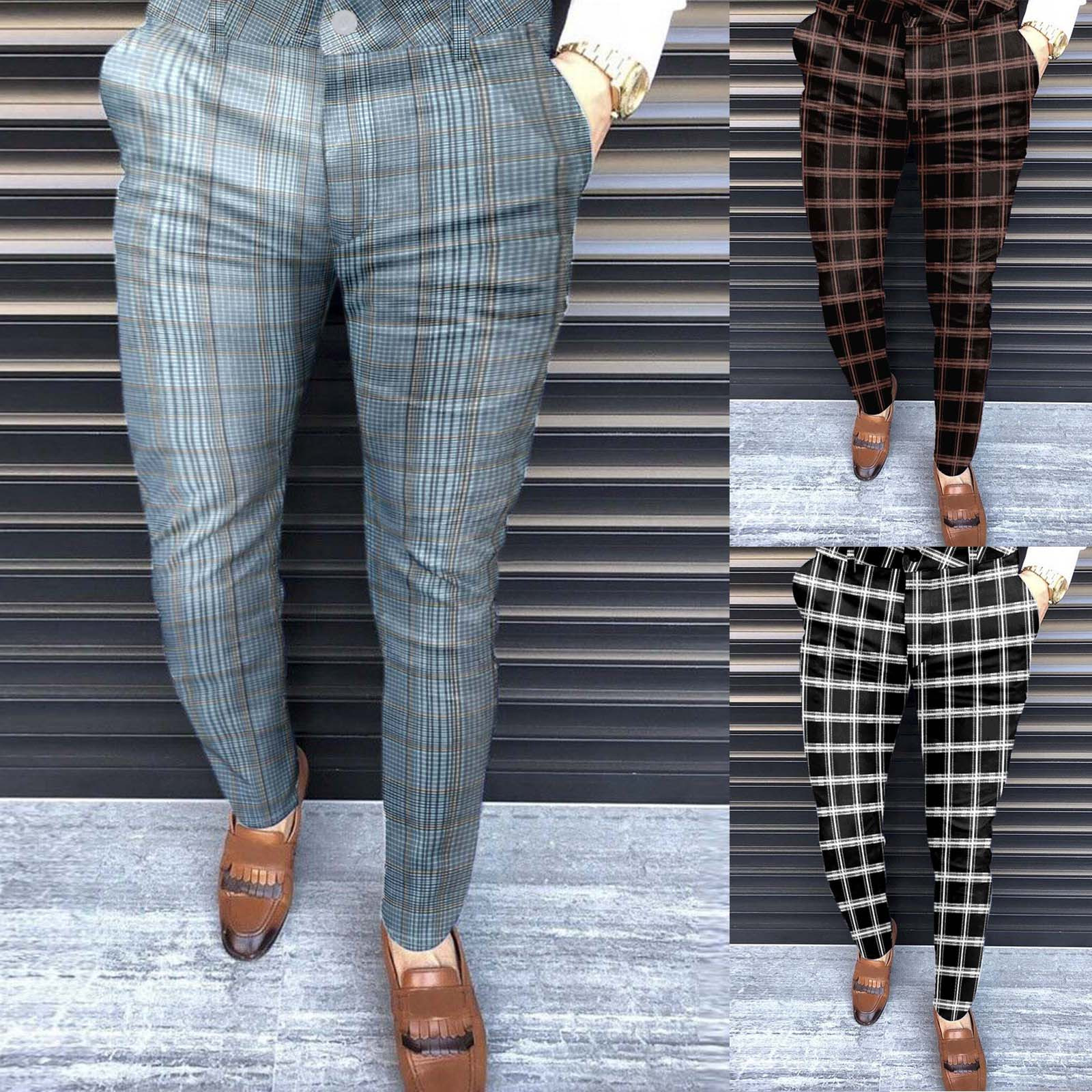 Pants Casual Men Slim Fit Plaid Print 