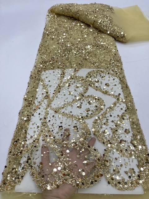 Ivory/metallic gold french design embroider and hand beaded with pearls ans 2024 sequins on a mesh lace-dresses-fashion-apparel-Sold by the yard.